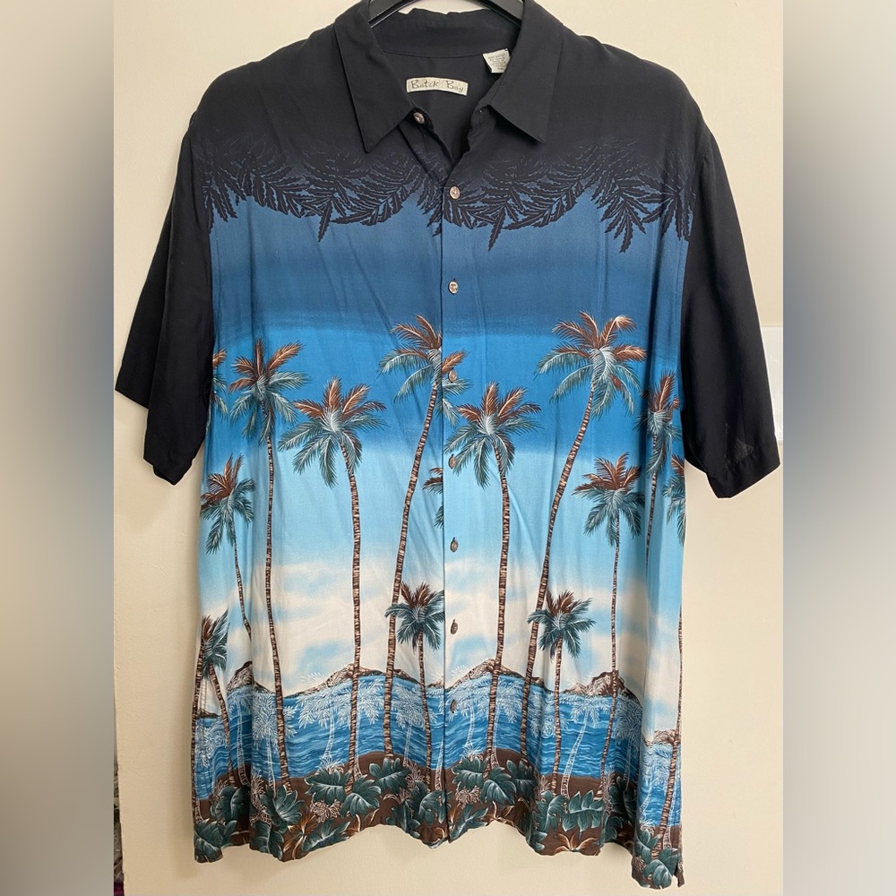 Batik Bay Hawaiian Shirt Men 2XL Tall Palm Trees Ocean Print Button Up Collared